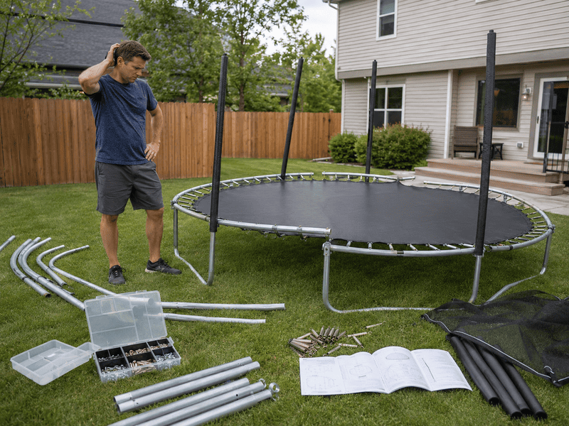 Man assembling a trampoline in a backyard beside a house, with parts laid out on the grass.