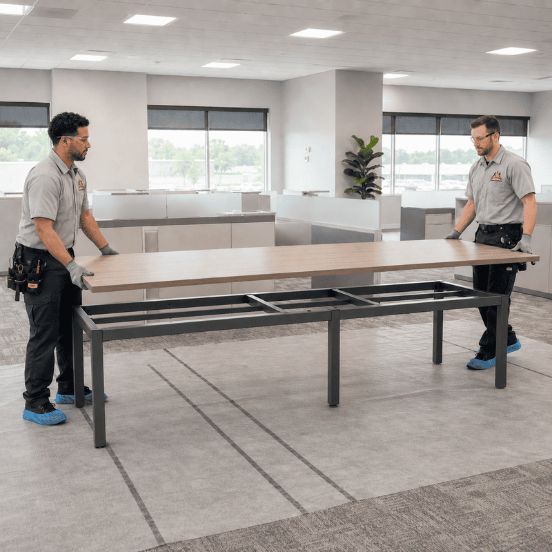 Two workers carry a long wooden tabletop in a bright office space.