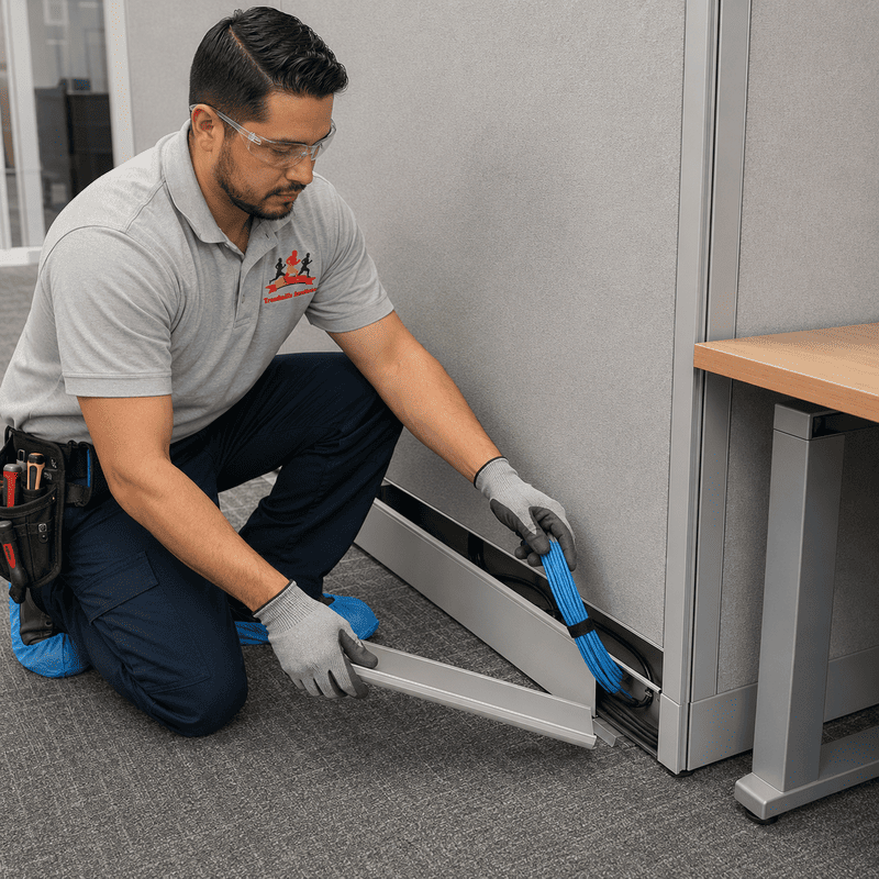 Worker kneeling with a pry bar, removing baseboard trim in an office corner.