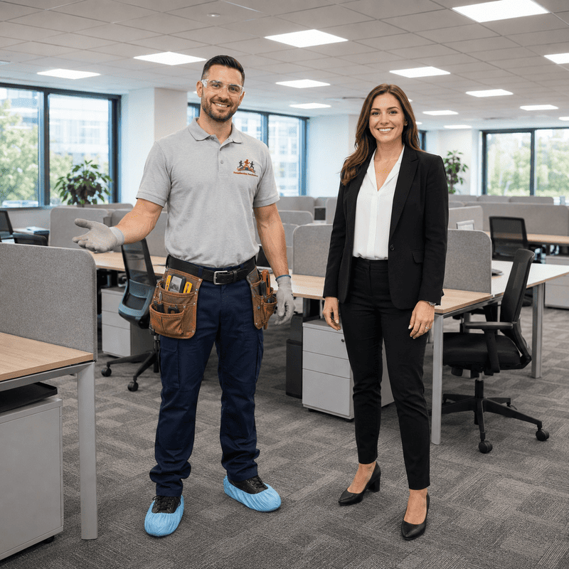 Two people standing in a modern office, smiling beside desks and large windows.