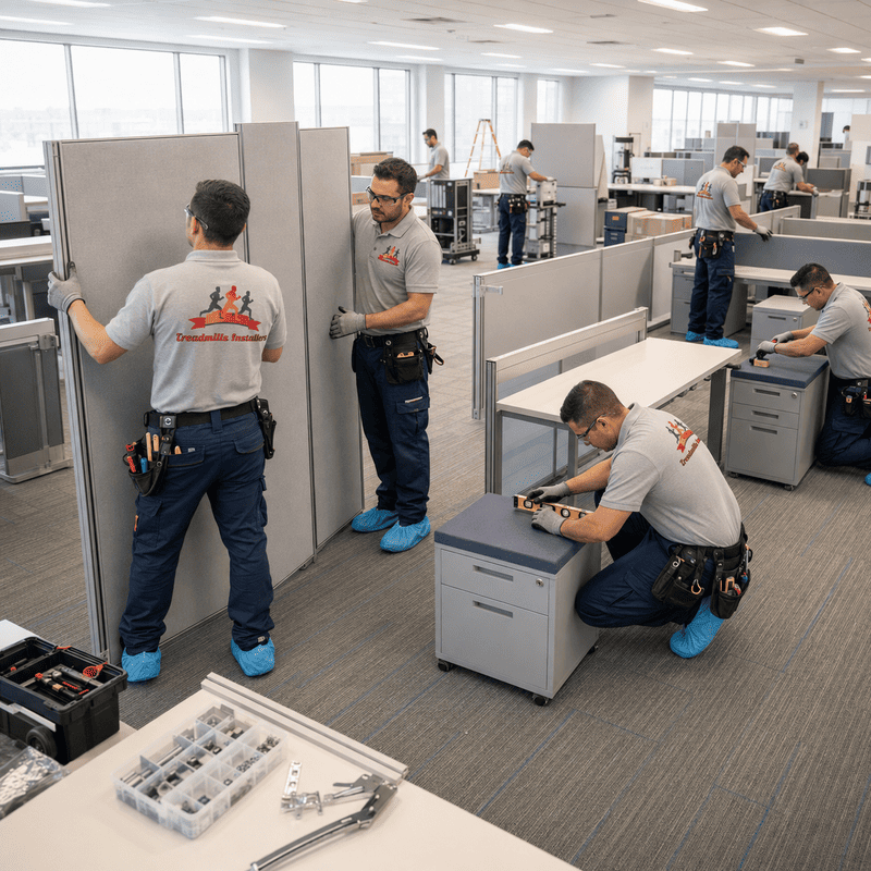 Workers assembling office cubicles in a bright open-plan workspace with tools and parts on the floor