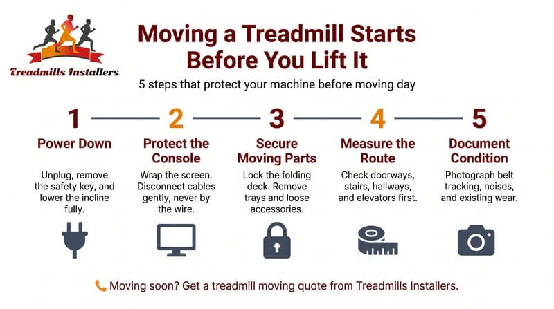 Infographic: 5 steps to protect a treadmill before moving—power down, console, secure moving parts, measure route, inspect.