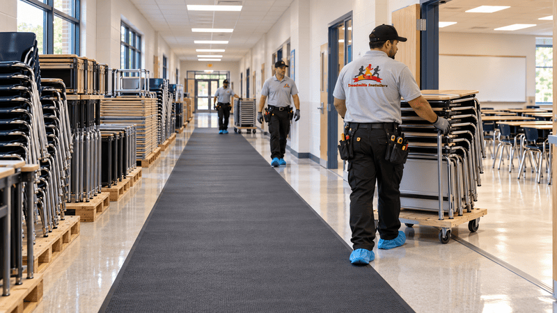 Worker pushing stacked chairs down a school hallway with tables and folded chairs along the walls