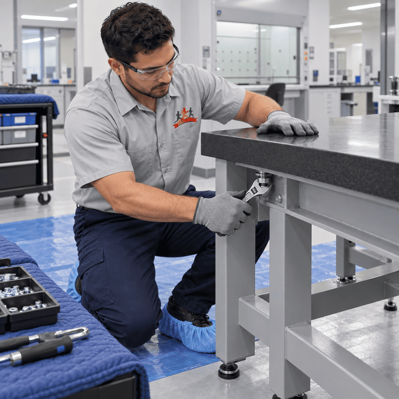 Technician kneeling under a workbench, tightening bolts in a bright industrial lab or workshop.