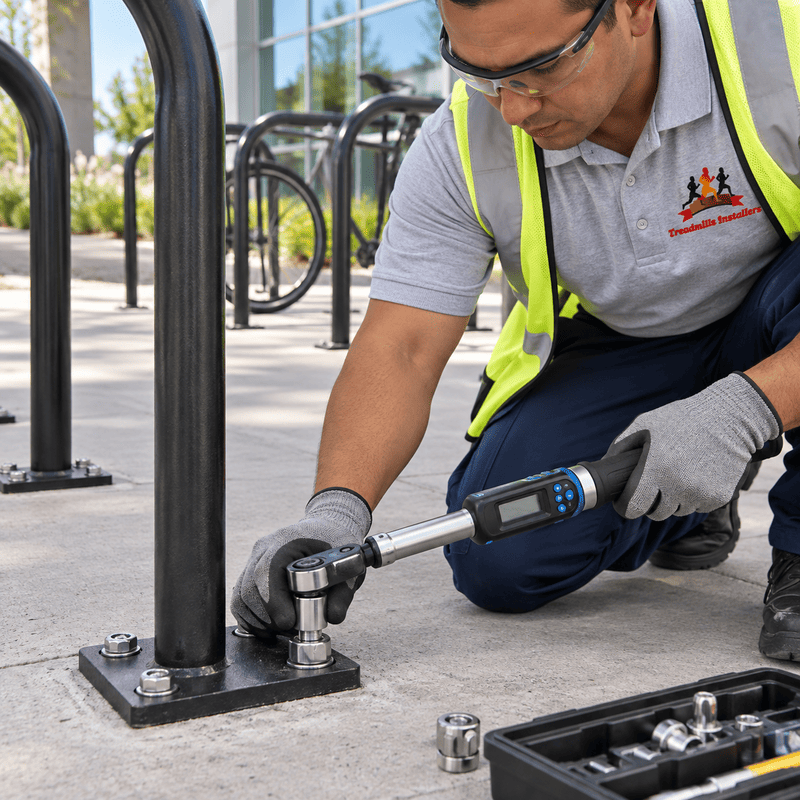 Worker in safety vest tightening a metal fitting on a bike rack with a torque wrench outdoors