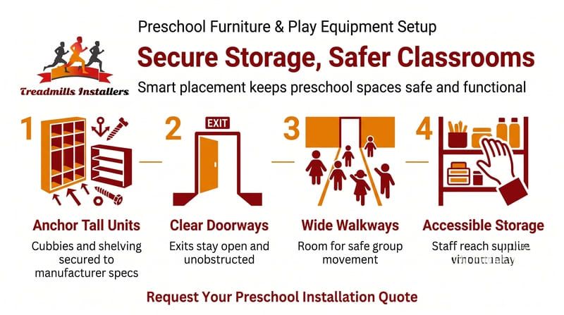 Preschool furniture setup infographic with storage, doors, walkways, and shelving for safe classrooms