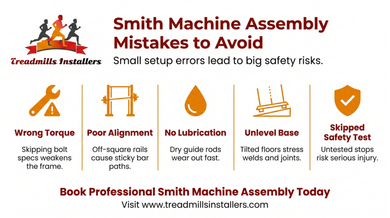 Infographic: Smith machine assembly mistakes to avoid, with five safety issues and a call to book professional assembly.