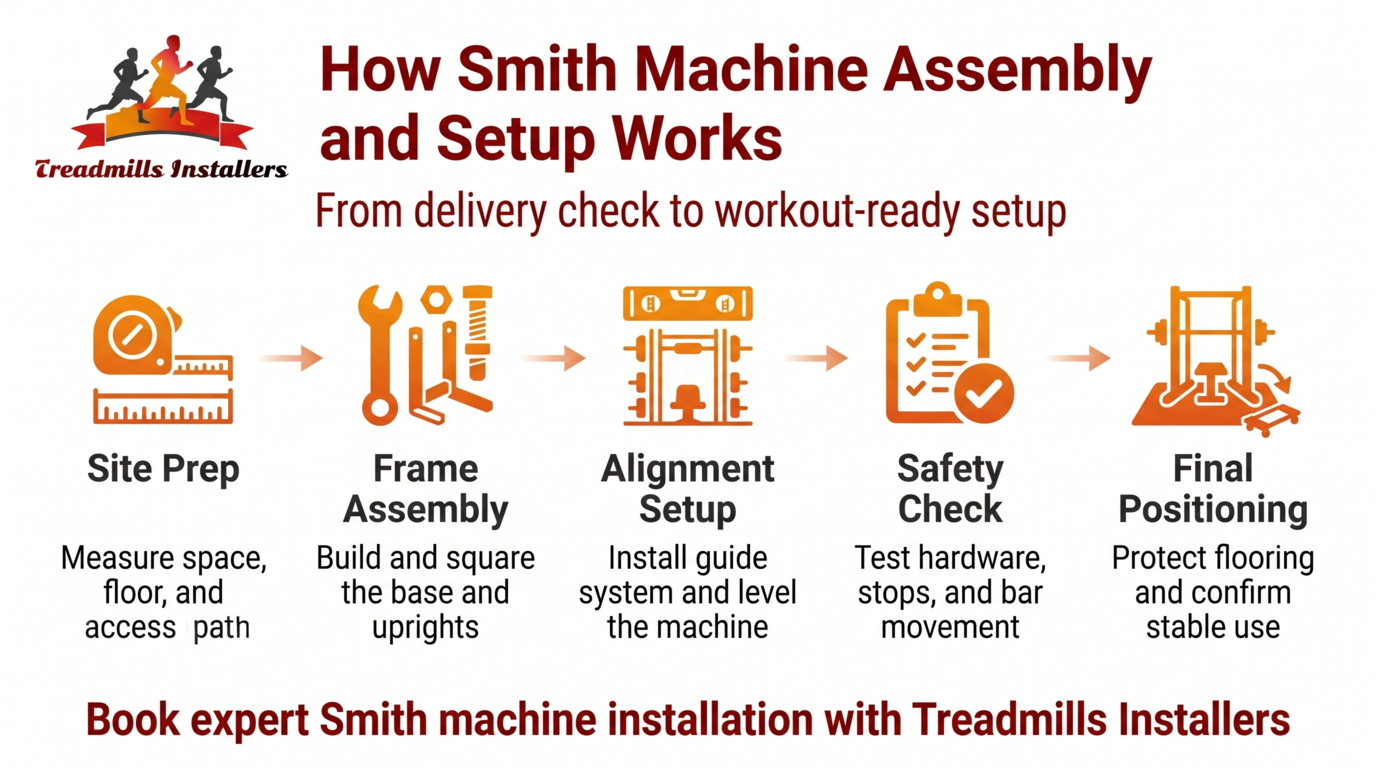 Infographic on Smith machine assembly and setup steps with icons and orange headings
