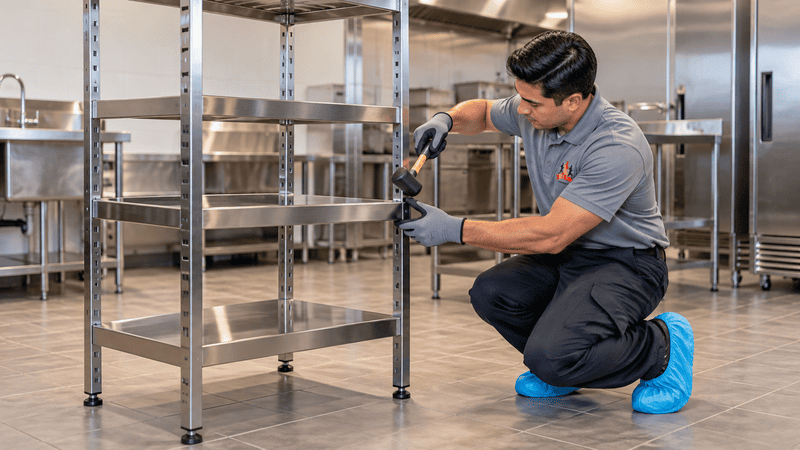 Worker kneeling in stainless-steel kitchen, assembling a metal rack with a drill