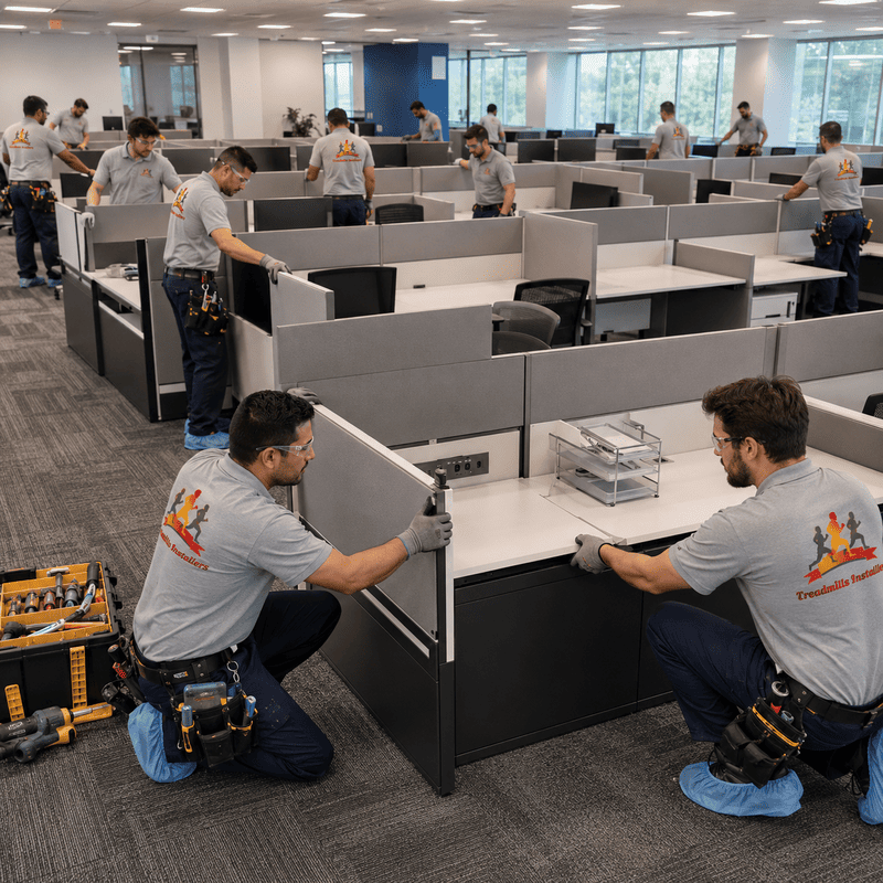 Workers assembling gray office cubicle partitions in a large open office space.