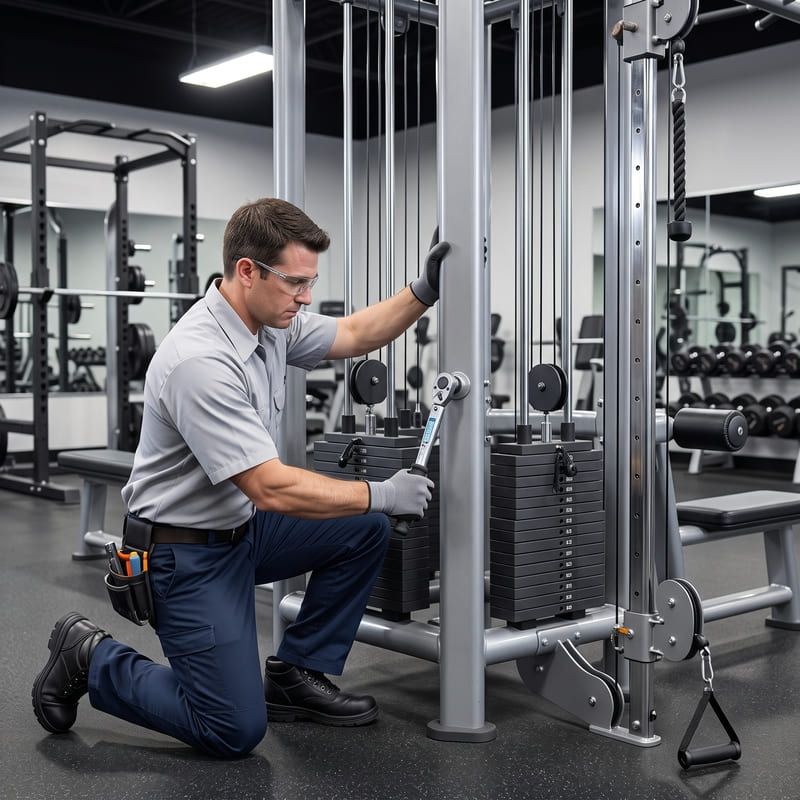 Technician kneels beside a cable machine, inspecting and adjusting gym equipment in a fitness center.