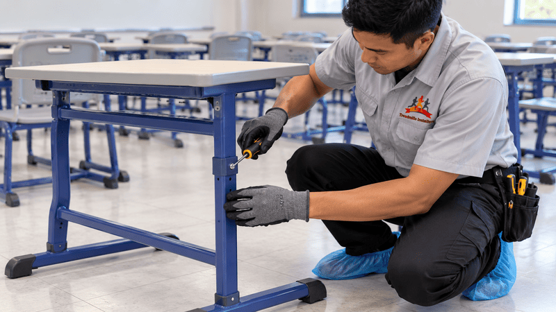 Technician kneeling and assembling a blue metal table frame in a workshop