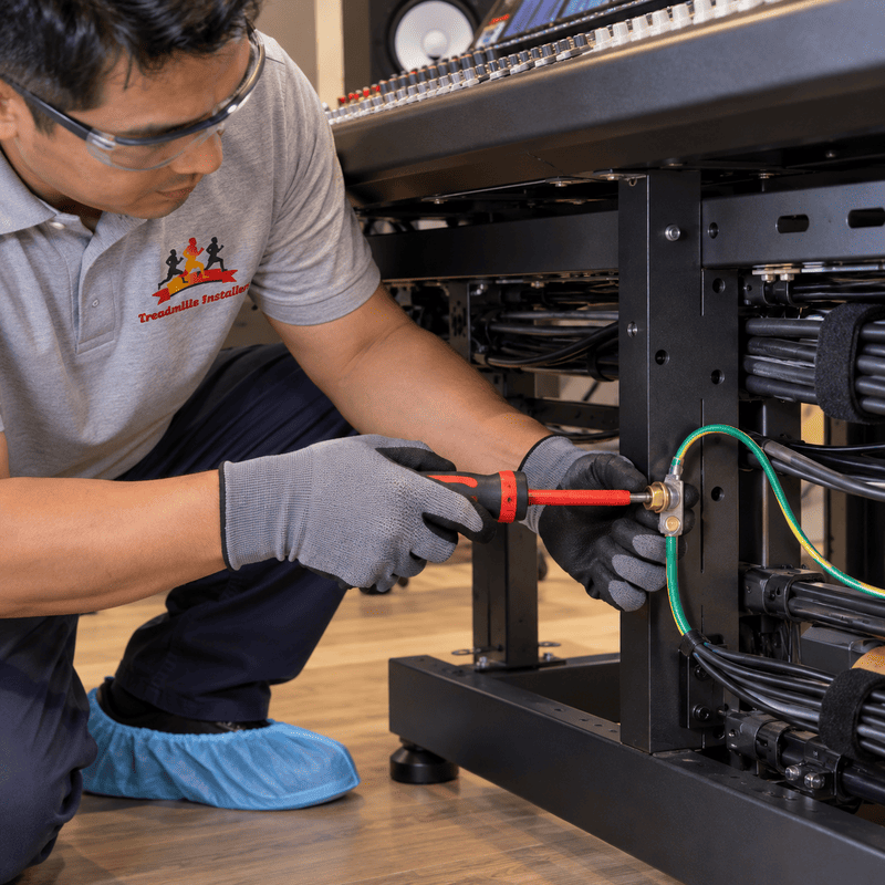 Technician using a screwdriver to service wiring inside a computer server rack