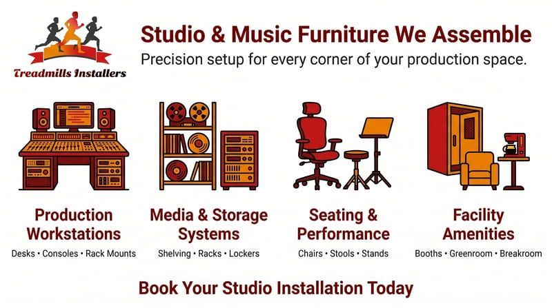 Studio and music furniture ad with product icons and text for workstations, storage, seating, and amenities