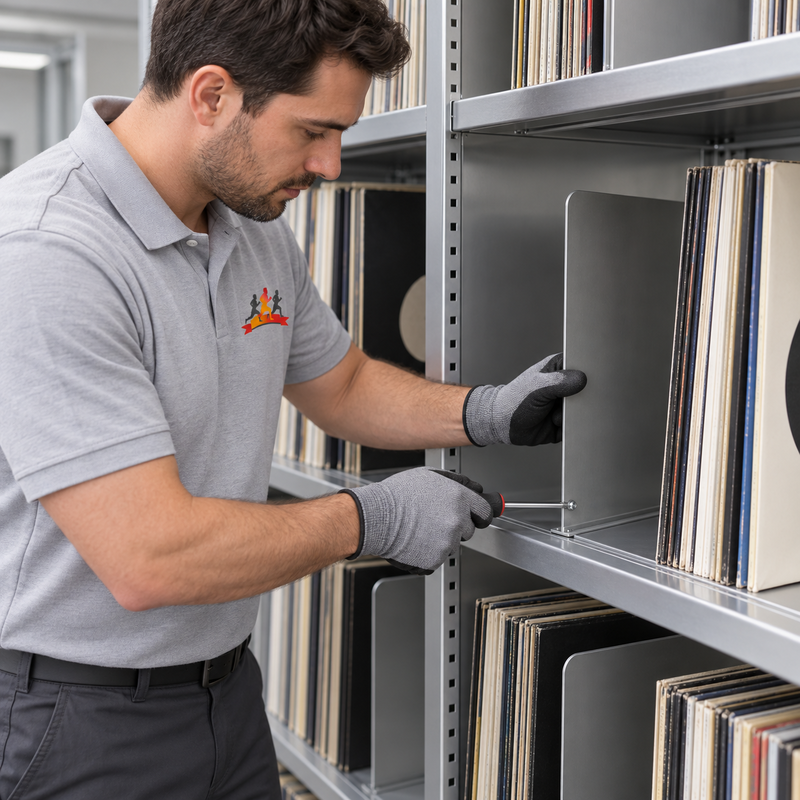 Worker in gray shirt and gloves organizing vinyl records on metal shelving.