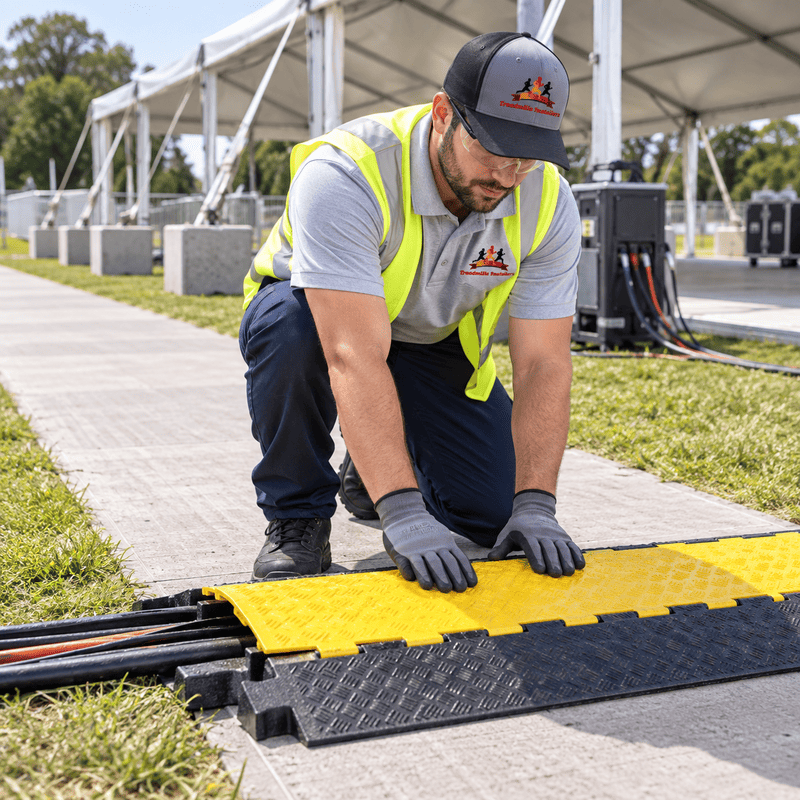 Worker installing a yellow cable ramp on a sidewalk beside a tented outdoor area.