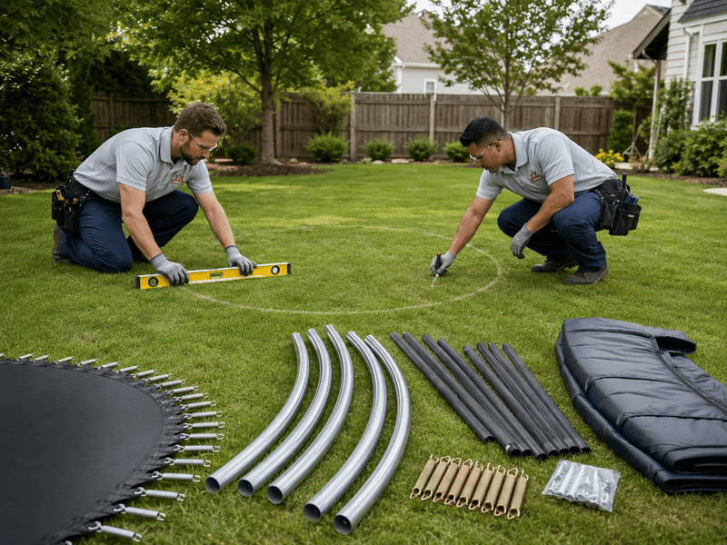 Two people assembling a backyard trampoline on grass, with frame parts laid out nearby.