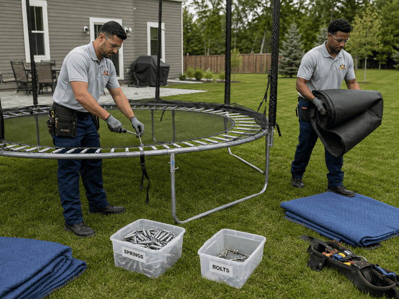 Two workers assembling a round trampoline frame on grass, with mats and tools nearby