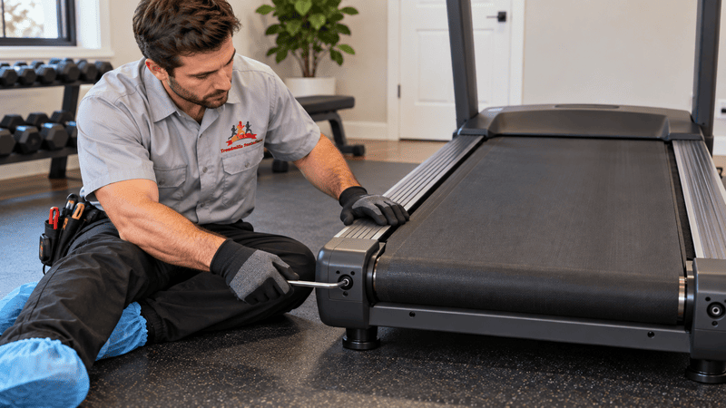 Technician checking rear roller adjustment on a treadmill with a drifting running belt