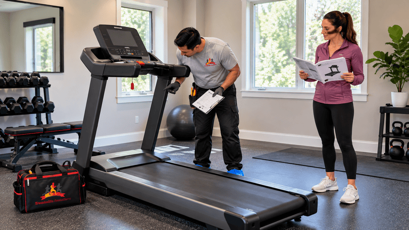 Technician inspecting a completed treadmill console connection while a homeowner reviews the manual