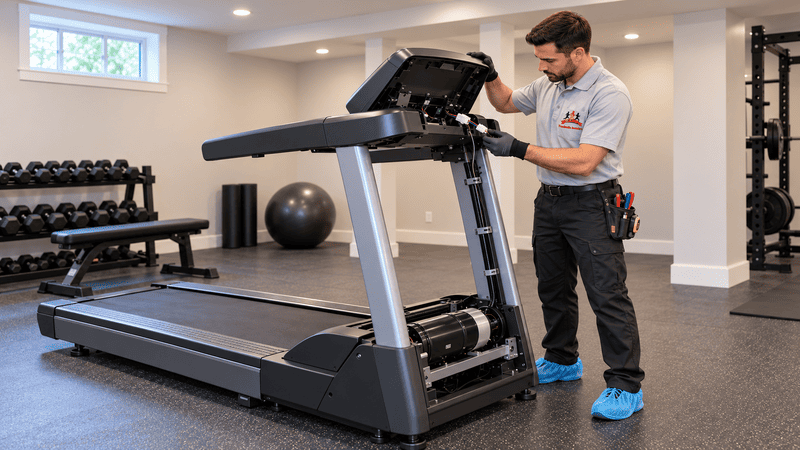 Technician connecting treadmill console wiring during incline treadmill assembly