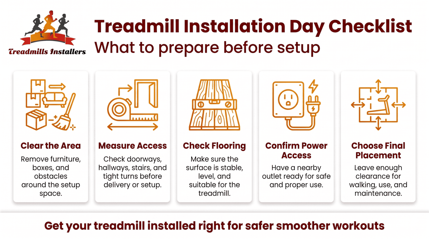 Treadmill installation checklist poster with five prep steps and orange icons on a white background