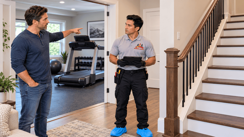 Technician discussing treadmill moving access and equipment requirements with a homeowner