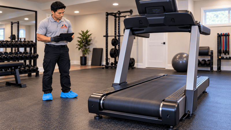 Technician checking treadmill belt tracking after reassembly in a home gym