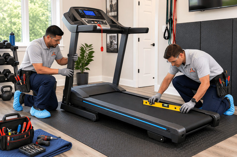 Two technicians assembling a treadmill in a room, with tools laid out nearby.