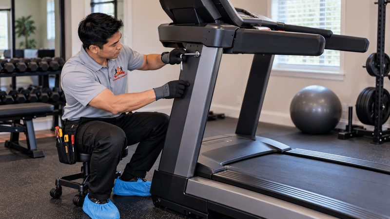 Technician partially disassembling a treadmill upright before transport
