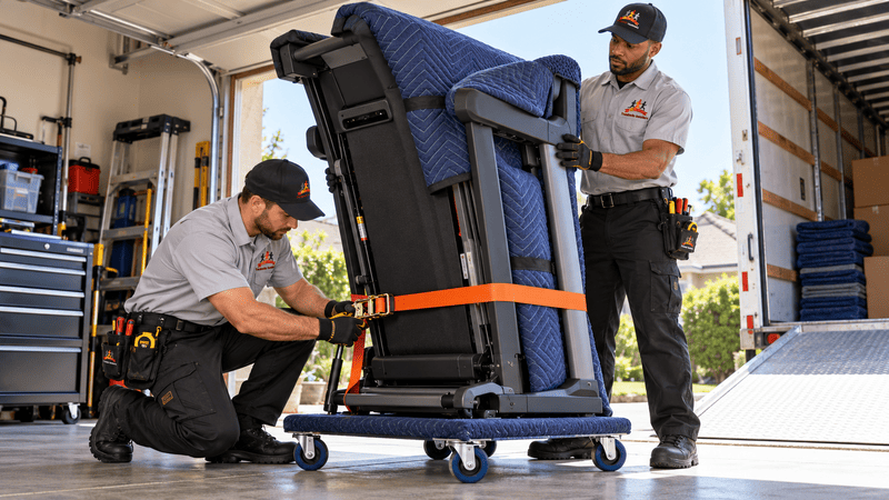 Technicians securing a folded treadmill upright on a padded dolly for transport