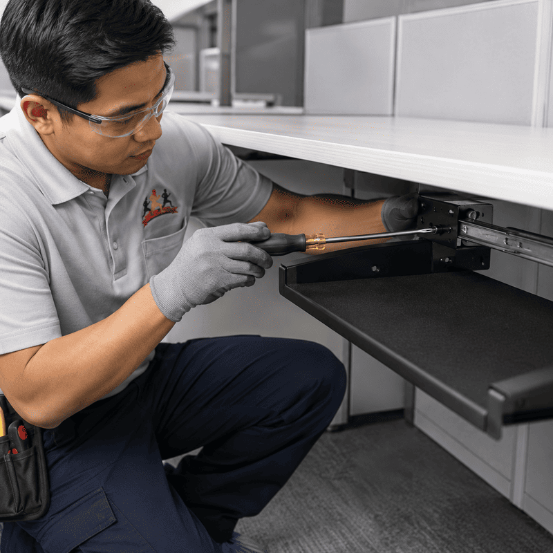 Technician inspecting a drawer mechanism under a white cabinet with a flashlight and screwdriver