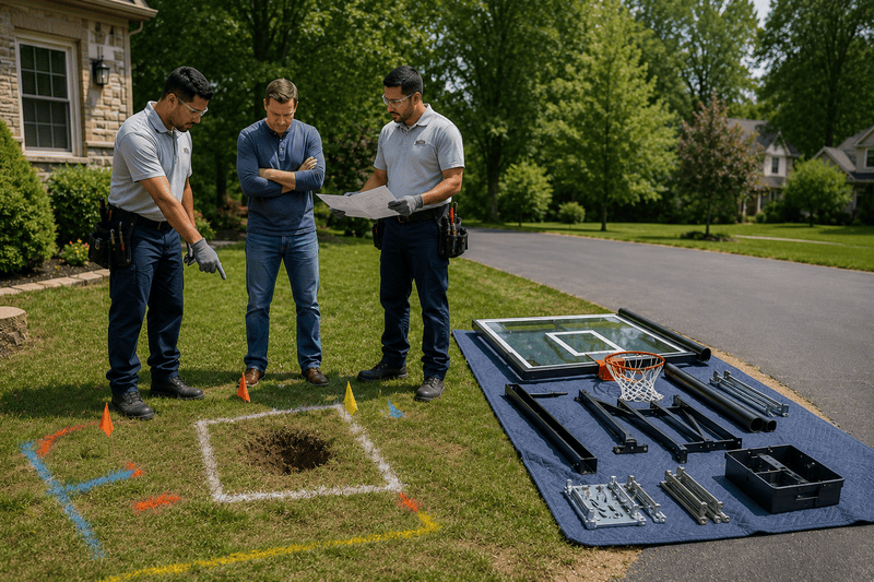 Three people examining utility pipes and tools laid out on a lawn beside a house