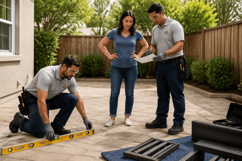 Three people inspecting a concrete patio, with a worker using a level beside tools and supplies.