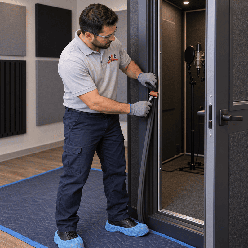 Technician installing a glass door panel in an acoustic room, wearing gloves and blue shoe covers.