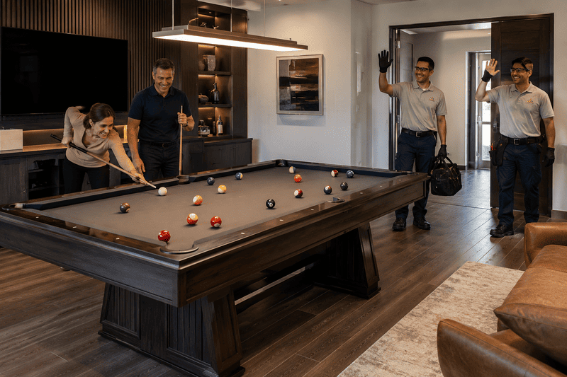 People playing pool in a modern living room, with one taking a shot and others watching.