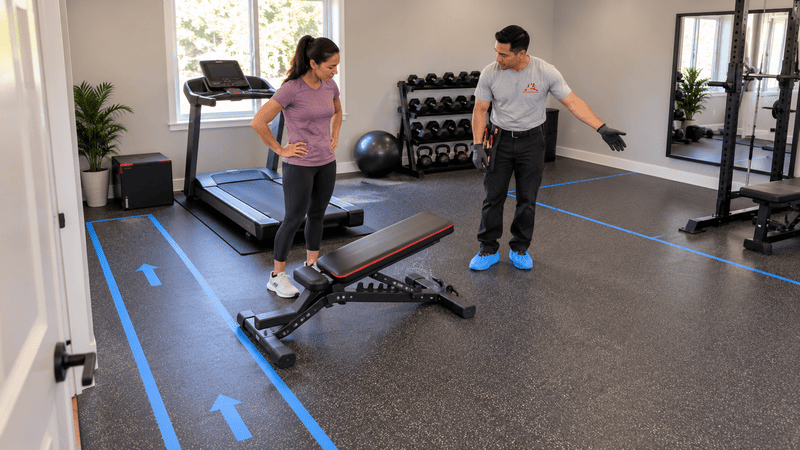 Technician and homeowner discussing bench placement beside a marked walkway in a home gym