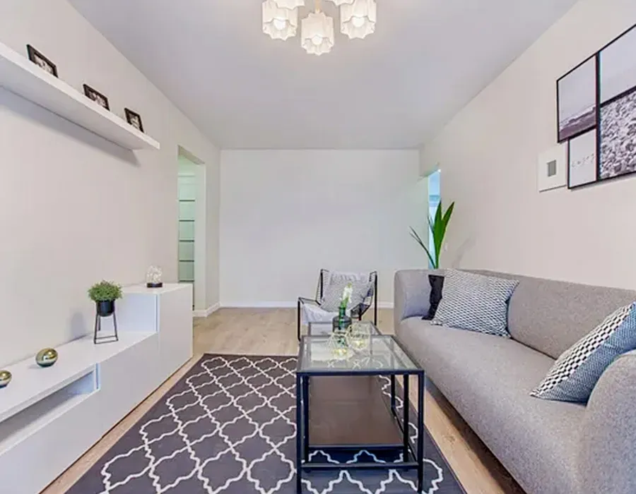 Modern living room with gray sofa, black coffee table, patterned rug, and white walls