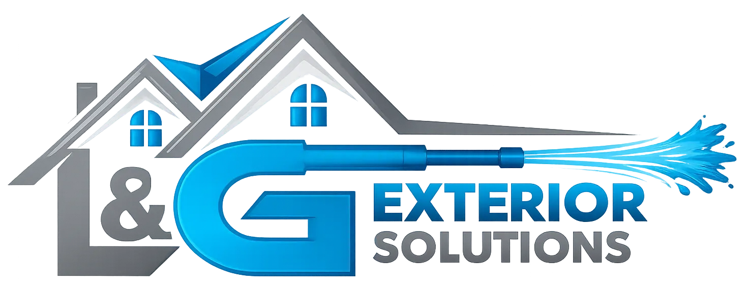 Logo for L&G Exterior Solutions in gray, blue, and white with a stylized house roof and paintbrush stroke