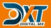 Un logotipo azul y naranja para xt digital mx sobre un fondo naranja.