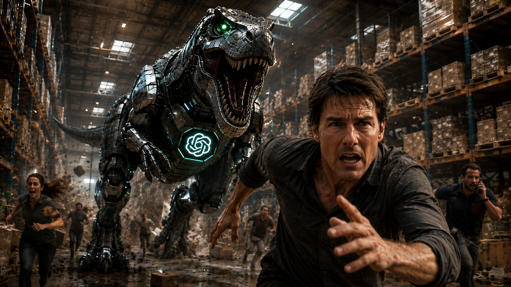 A giant robotic dinosaur with a glowing ChatGPT logo chases frightened workers through a warehouse