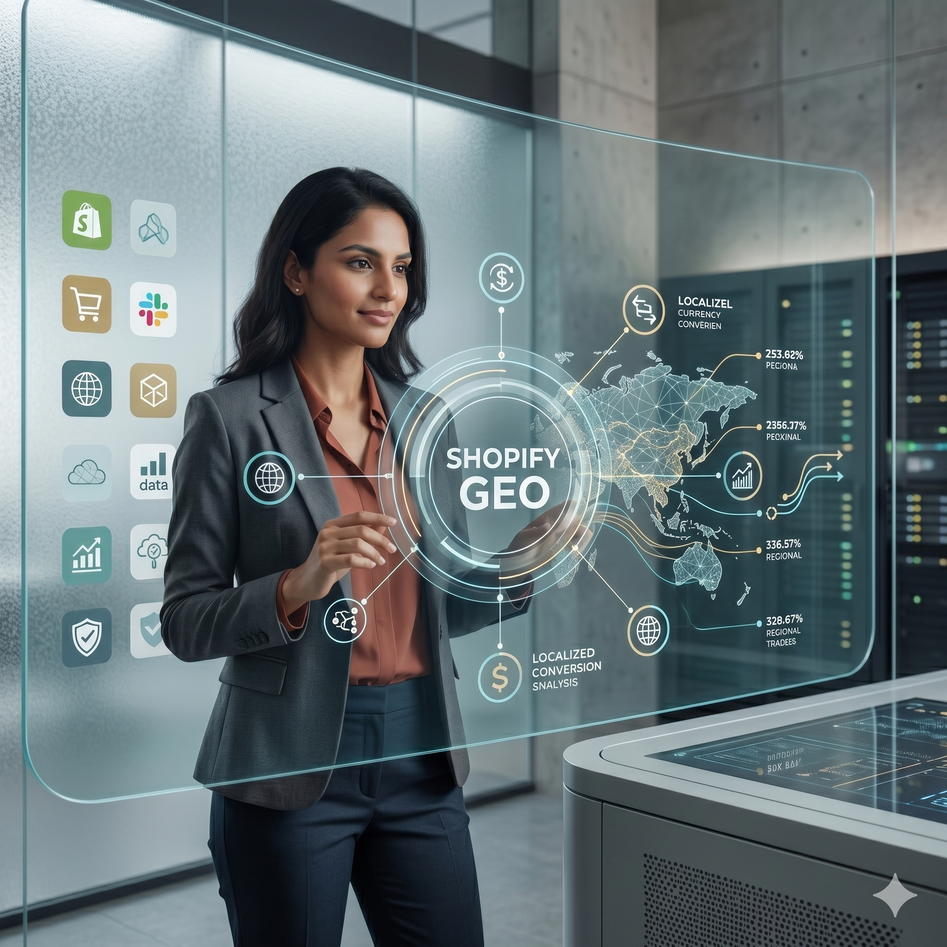 Business professional analyzing Shopify GEO strategy through an interactive digital dashboard showin