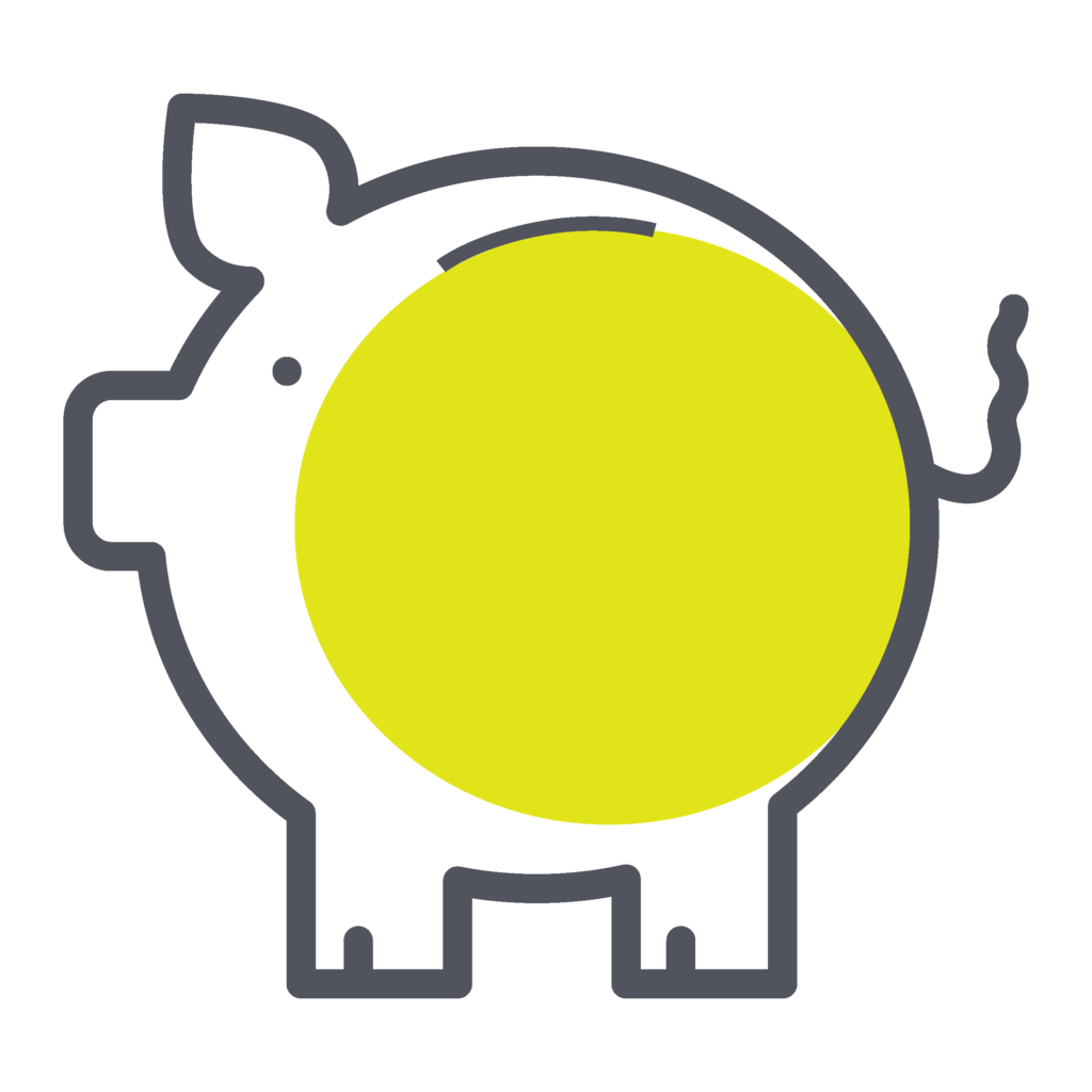 Simple piggy bank icon with a bright yellow circle on its body