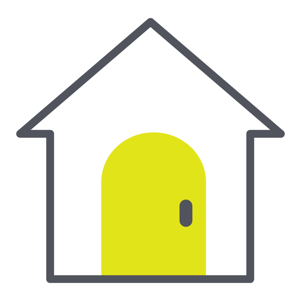 Simple house icon with a bright yellow door and gray outline on a white background