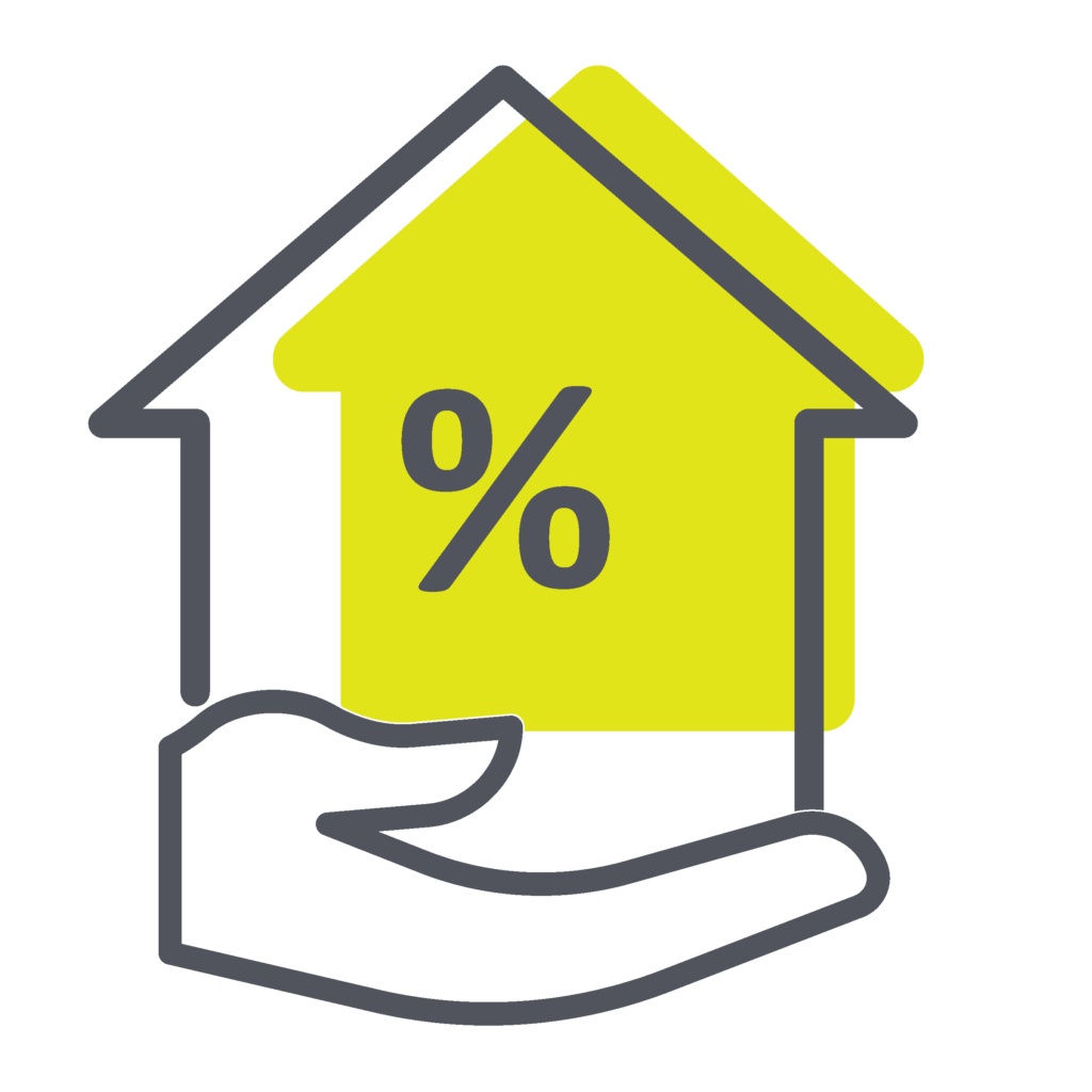 Hand holding yellow house with percent sign, suggesting mortgage or home loan savings