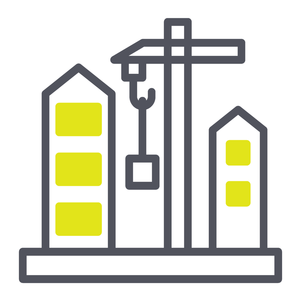 Construction site icon with crane and buildings in gray outline, yellow windows, on white background