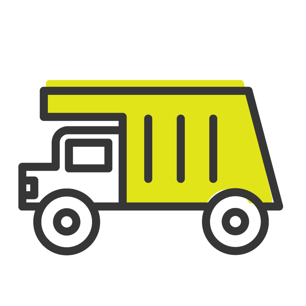 Yellow dump truck icon with black outline and white wheels on a white background