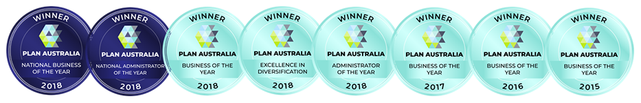 Row of blue and aqua award badges with stars and small text labels across the bottom