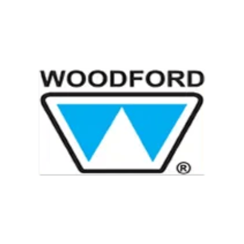 Woodford logo with black text and a blue-and-white trapezoid emblem