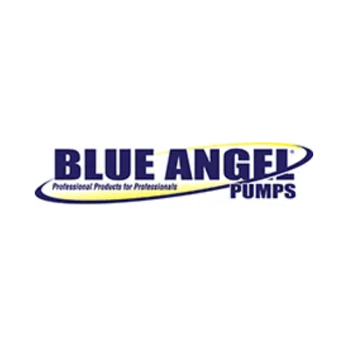 Blue Angel Pumps logo in blue and gold text with swoosh underline and slogan “Professional Products for Professionals”